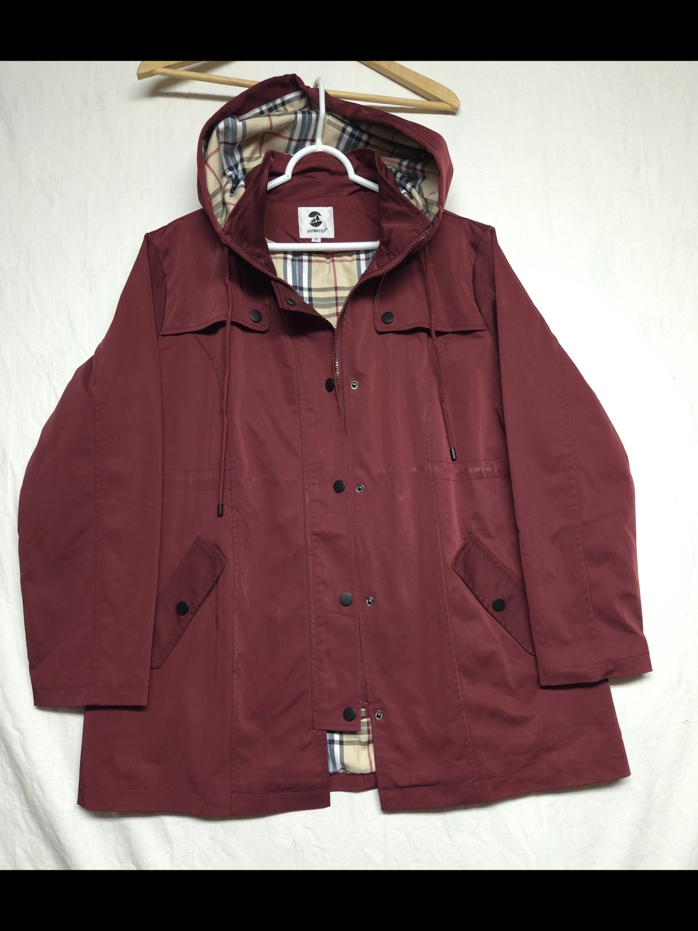 Womens Hooded Trench coat/rain jacket in Burgundy with Plaid Lining XL
